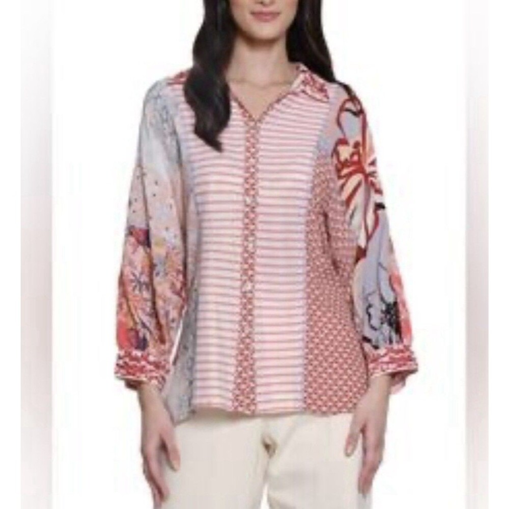 John Mark Spring Time Button Front Tunic Top Womens L / XL Patchwork Embroidery